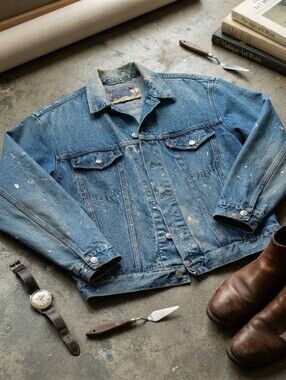 Vintage Calvin Klein Distressed Denim Trucker Jacket XL Paint Patina & Thrashed
